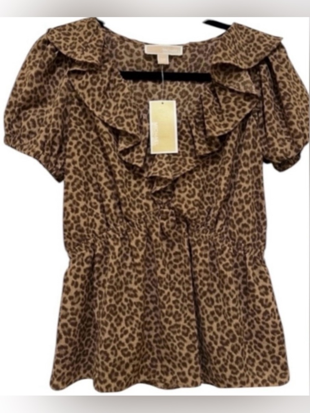 NWT Michael Kors women’s XXS short sleeve ruffled neckline leopard print blouse